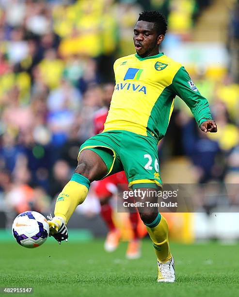 Joseph Yobo of Norwich City in action during the Barclays Premier League match between Norwich City and West Bromwich Albion at Carrow Road on April...