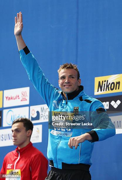 Bronze medallist Paul Biedermann of Germany celebrates during the medal ceremony in the Men's 200m Freestyle Final on day eleven of the 16th FINA...