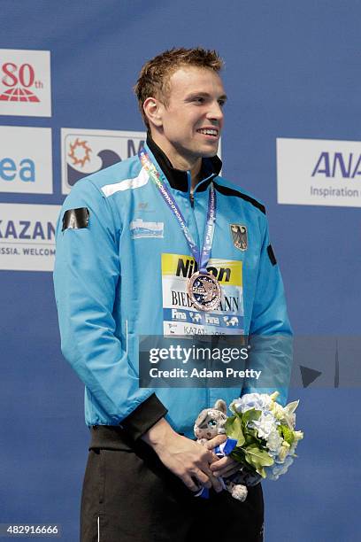 Bronze medallist Paul Biedermann of Germany poses during the medal ceremony in the Men's 200m Freestyle Final on day eleven of the 16th FINA World...