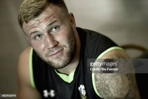 Wales player Ross Moriarty faces the media ahead of saturdays World cup warm up match against Ireland at the Vale Hotel on August 4, 2015 in Cardiff,...