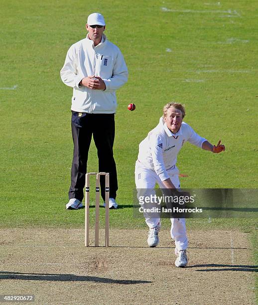 Matt Pakinson of England bowls during the Under19 Test Match between England and Australia at The Emirates Durham ICG on August 04, 2015 in Chester...