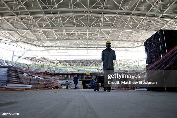 Construction continues inside Carioca Arena 2, site of judo and wrestling, at the Olympic Park for the Rio 2016 Olympic Games in the Barra da Tijuca...