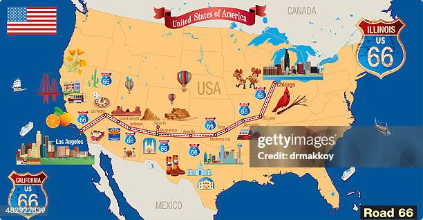route 66 cartoon map - tulsa traveling stock illustrations