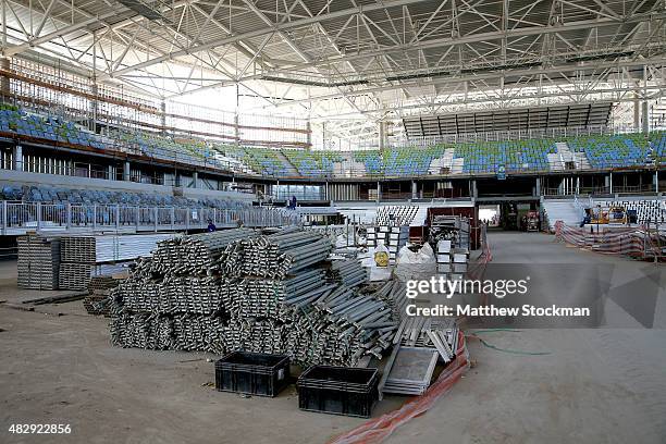 Construction continues inside Carioca Arena 2, site of judo and wrestling, at the Olympic Park for the Rio 2016 Olympic Games in the Barra da Tijuca...