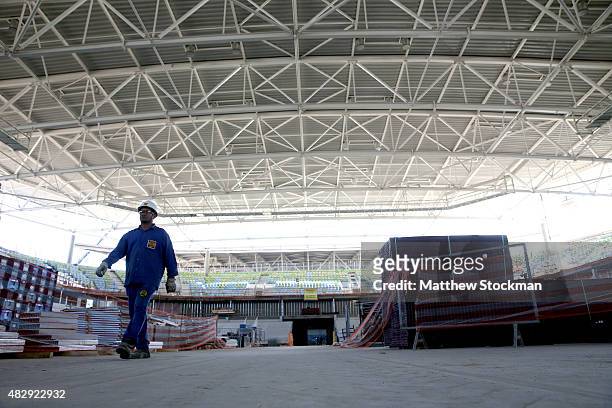 Construction continues inside Carioca Arena 2, site of judo and wrestling, at the Olympic Park for the Rio 2016 Olympic Games in the Barra da Tijuca...