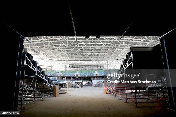 Construction continues inside Carioca Arena 2, site of judo and wrestling, at the Olympic Park for the Rio 2016 Olympic Games in the Barra da Tijuca...