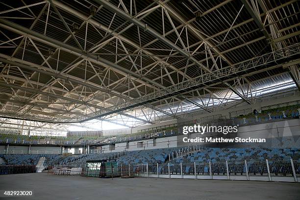 Construction continues inside Carioca Arena 3, site of the fencing and taekwondo, at the Olympic Park for the Rio 2016 Olympic Games in the Barra da...