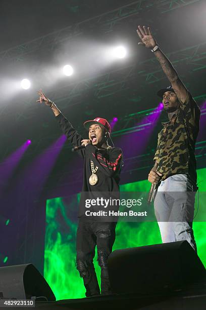 Chris Brown and Tyga attend Vestival at Malieveld on August 1, 2015 in The Hague, Netherlands.