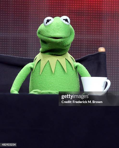 Kermit the Frog speaks onstage during the 'The Muppets' panel discussion at the ABC Entertainment portion of the 2015 Summer TCA Tour at The Beverly...