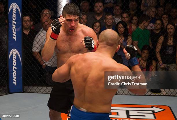 Vicente Luque circles Hayder Hassan during the filming of The Ultimate Fighter: American Top Team vs Blackzilians on February 27, 2015 in Coconut...