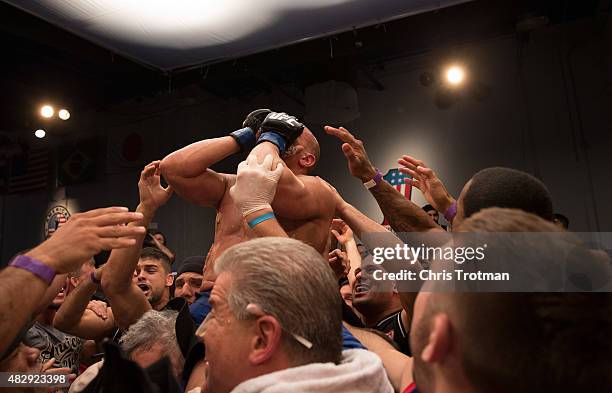 Hayder Hassan celebrates his victory over Vicente Luque during the filming of The Ultimate Fighter: American Top Team vs Blackzilians on February 27,...