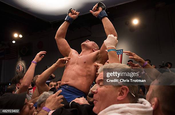 Hayder Hassan celebrates his victory over Vicente Luque during the filming of The Ultimate Fighter: American Top Team vs Blackzilians on February 27,...