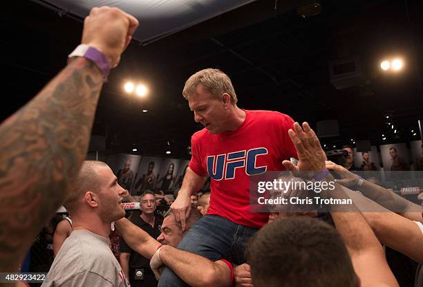 American Top Team gym owner Dan Lambert celebrates with his team during the filming of The Ultimate Fighter: American Top Team vs Blackzilians on...