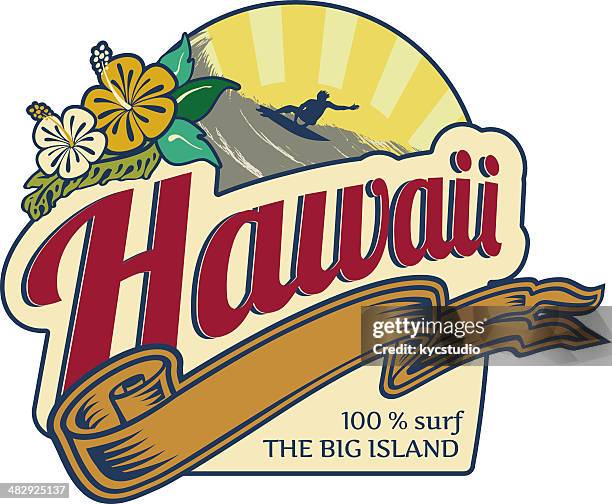 stockillustraties, clipart, cartoons en iconen met surf label hawaii holidays - het grote eiland hawaï eilanden