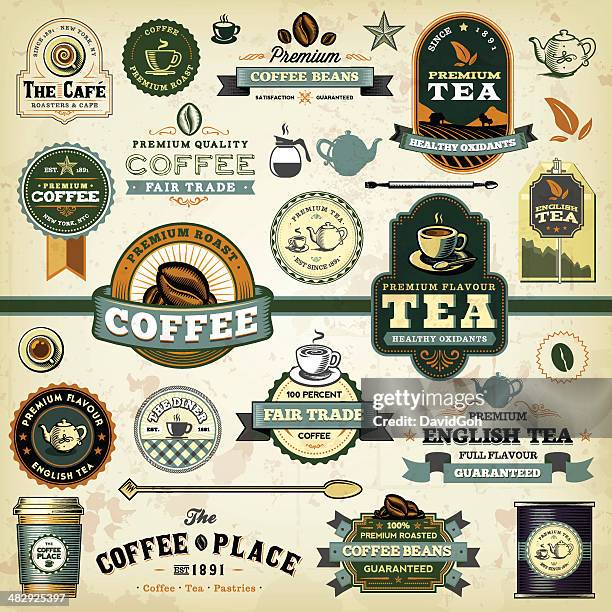 stockillustraties, clipart, cartoons en iconen met coffee & tea labels - tea can