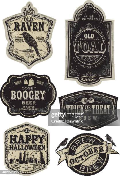 bildbanksillustrationer, clip art samt tecknat material och ikoner med set of funny old fashioned halloween beer labels - spöke