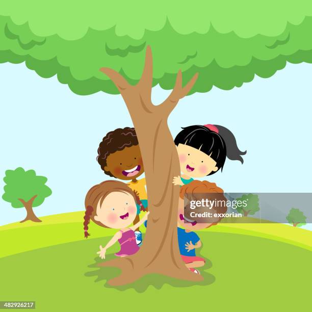 stockillustraties, clipart, cartoons en iconen met illustration of diverse children behind a tree - kind veld spelen