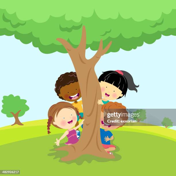 illustration of diverse children behind a tree - friend mischief stock illustrations