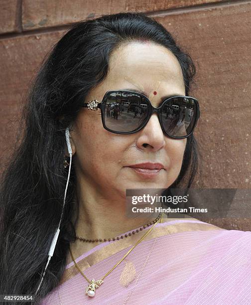 Bollywood actress and BJP MP Hema Malini at the Parliament House, on August 4, 2015 in New Delhi, India. Opposition parties including SP, RJD,...