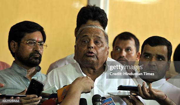 Samajwadi Party Chief Mulayam Singh Yadav addresses the media over the deadlock in Lok Sabha during the Monsoon Session at the Parliament House, on...