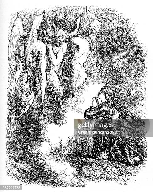 the knight before demons - reclining hero stock illustrations