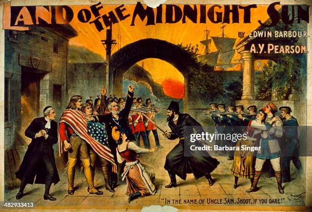 Poster Illustration for A. Y. Pearson's 1896 theater production of LAND OF THE MIDNIGHT SUN by Edwin Barbour in the Grand Opera House, London,...