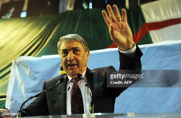 Algerian presidential candidate Ali Benflis delivers a speech during his campaigning in the northern city of Batna on April 5, 2014. Benflis, the...