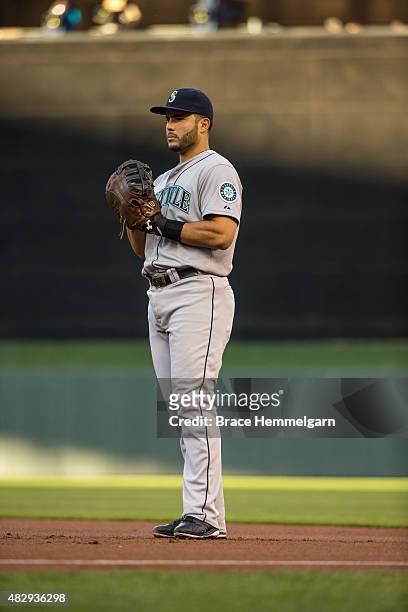 Jesus Montero of the Seattle Mariners looks on against the Minnesota Twins on July 31, 2015 at Target Field in Minneapolis, Minnesota. The Mariners...
