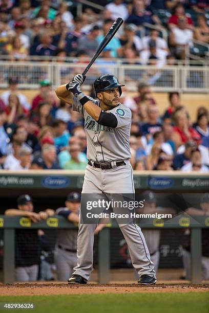 Jesus Montero of the Seattle Mariners bats against the Minnesota Twins on July 31, 2015 at Target Field in Minneapolis, Minnesota. The Mariners...