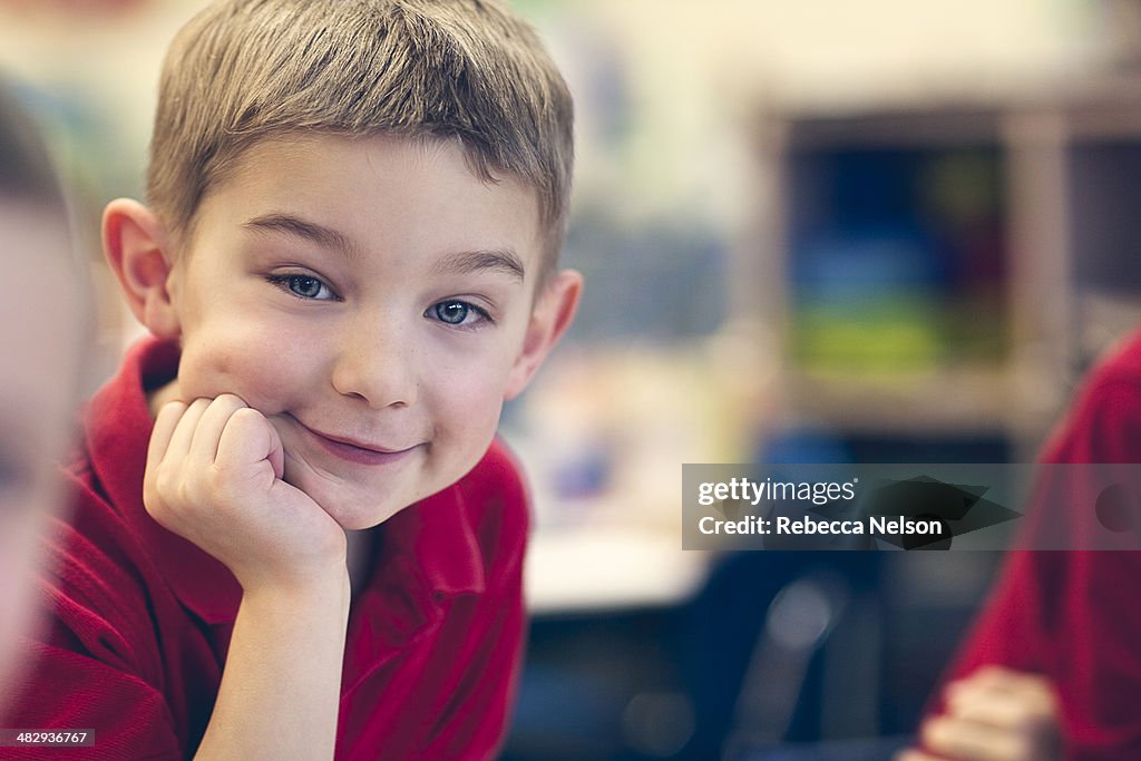 Boy in his kindergarten classroom