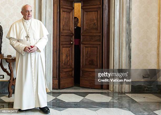 Pope Francis during a meeting with President of Liberia Ellen Johnson Sirleaf at the Pontiff's private library in the Apostolic Palace on April 5,...