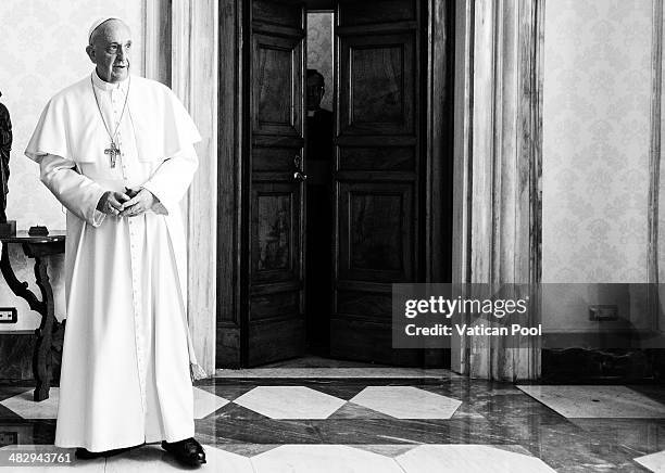 Pope Francis during a meeting with President of Liberia Ellen Johnson Sirleaf at the Pontiff's private library in the Apostolic Palace on April 5,...