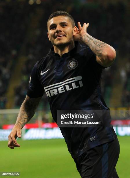 Mauro Emanuel Icardi of FC Internazionale Milano celebrates after scoring his second goal during the Serie A match between FC Internazionale Milano...
