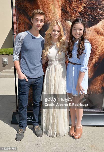 Actors Austin North, Olivia Holt and Piper Curda attend the Disneynature "Bears" special screening at the Walt Disney Studios Main Theatre on April...