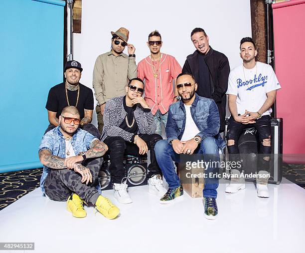 Alvarez, Plan B, radio DJ Alex Sensation, J Balvin, Nicky Jam, Farruko, and Justin Quiles pose for a portraits at the 2015 Billboard Latin Music...