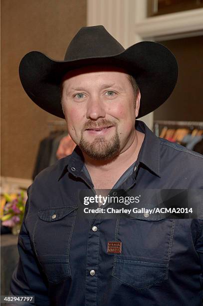 Recording artist Tate Stevens backstage at the Cumulus/Westwood One Radio Remotes during the 49th Annual Academy of Country Music Awards at the MGM...