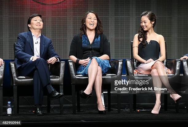 Writer/executive producer Ken Jeong and actresses Suzy Nakamura and Krista Marie Yu speak onstage during the 'Dr. Ken' panel discussion at the ABC...