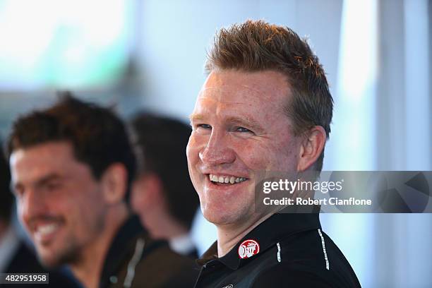 Magpies coach Nathan Buckley laughs during the Peter Mac Cup Breakfast at Melbourne Cricket Ground on August 5, 2015 in Melbourne, Australia.