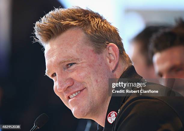 Magpies coach Nathan Buckley speaks during the Peter Mac Cup Breakfast at Melbourne Cricket Ground on August 5, 2015 in Melbourne, Australia.