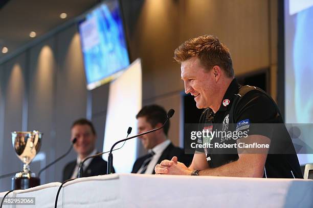 Magpies coach Nathan Buckley laughs during the Peter Mac Cup Breakfast at Melbourne Cricket Ground on August 5, 2015 in Melbourne, Australia.