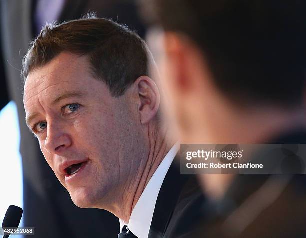 Carlton coach John Barker speaks during the Peter Mac Cup Breakfast at the Melbourne Cricket Ground on August 5, 2015 in Melbourne, Australia.