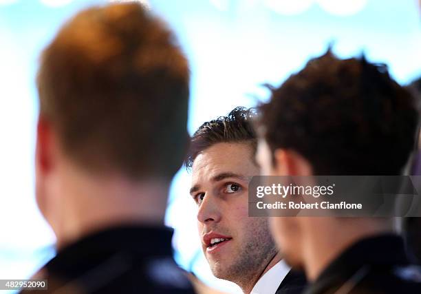 Marc Murphy of the Blues speaks during the Peter Mac Cup Breakfast at the Melbourne Cricket Ground on August 5, 2015 in Melbourne, Australia.