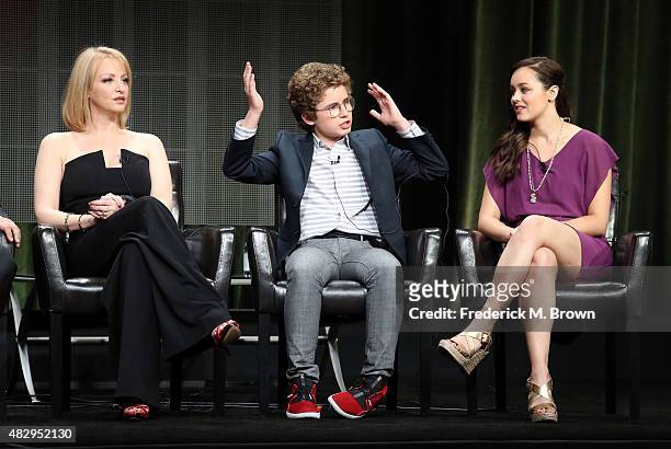Actors Wendi McLendon-Covey, Sean Giambrone and Hayley Orrantia speak onstage during the 'The Goldbergs' panel discussion at the ABC Entertainment...