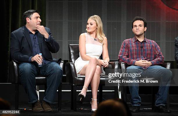 Executive producer Adam Goldberg and actors AJ Michalka and Troy Gentile speak onstage during the 'The Goldbergs' panel discussion at the ABC...