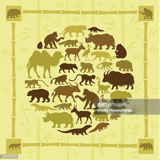 asian animals collage - rhinoceros silhouette stock illustrations