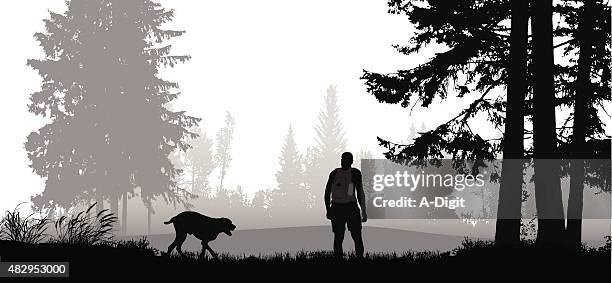 ilustraciones, imágenes clip art, dibujos animados e iconos de stock de botas de montaña con su perro de correa - dog leash