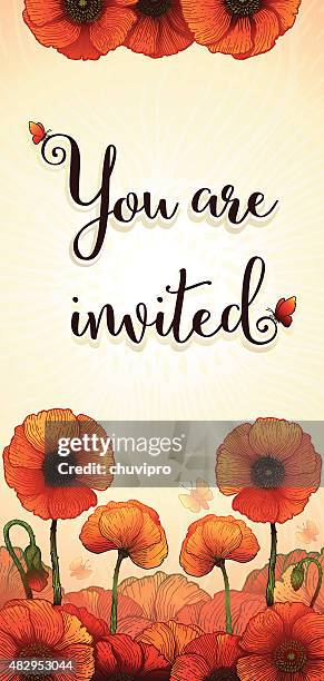 invitation tall card 10x21 cm red poppies - red card envelope stock illustrations
