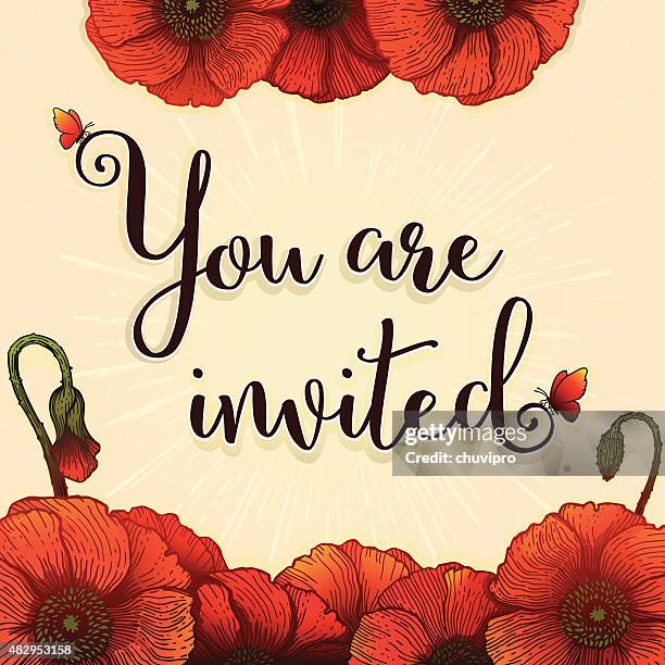 invitation square card 14.5 cm red poppies - fond orange stock illustrations