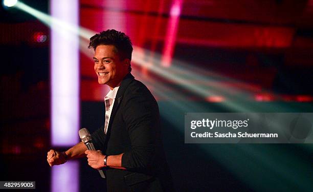 Christopher Schnell performs at the rehearsal for the 2nd 'Deutschland sucht den Superstar' show at Coloneum on April 5, 2014 in Cologne, Germany.