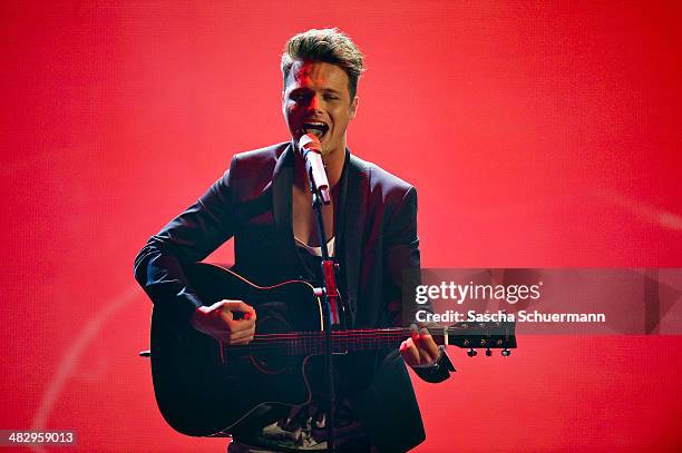 Richard Schloegl performs at the rehearsal for the 2nd 'Deutschland sucht den Superstar' show at Coloneum on April 5, 2014 in Cologne, Germany.